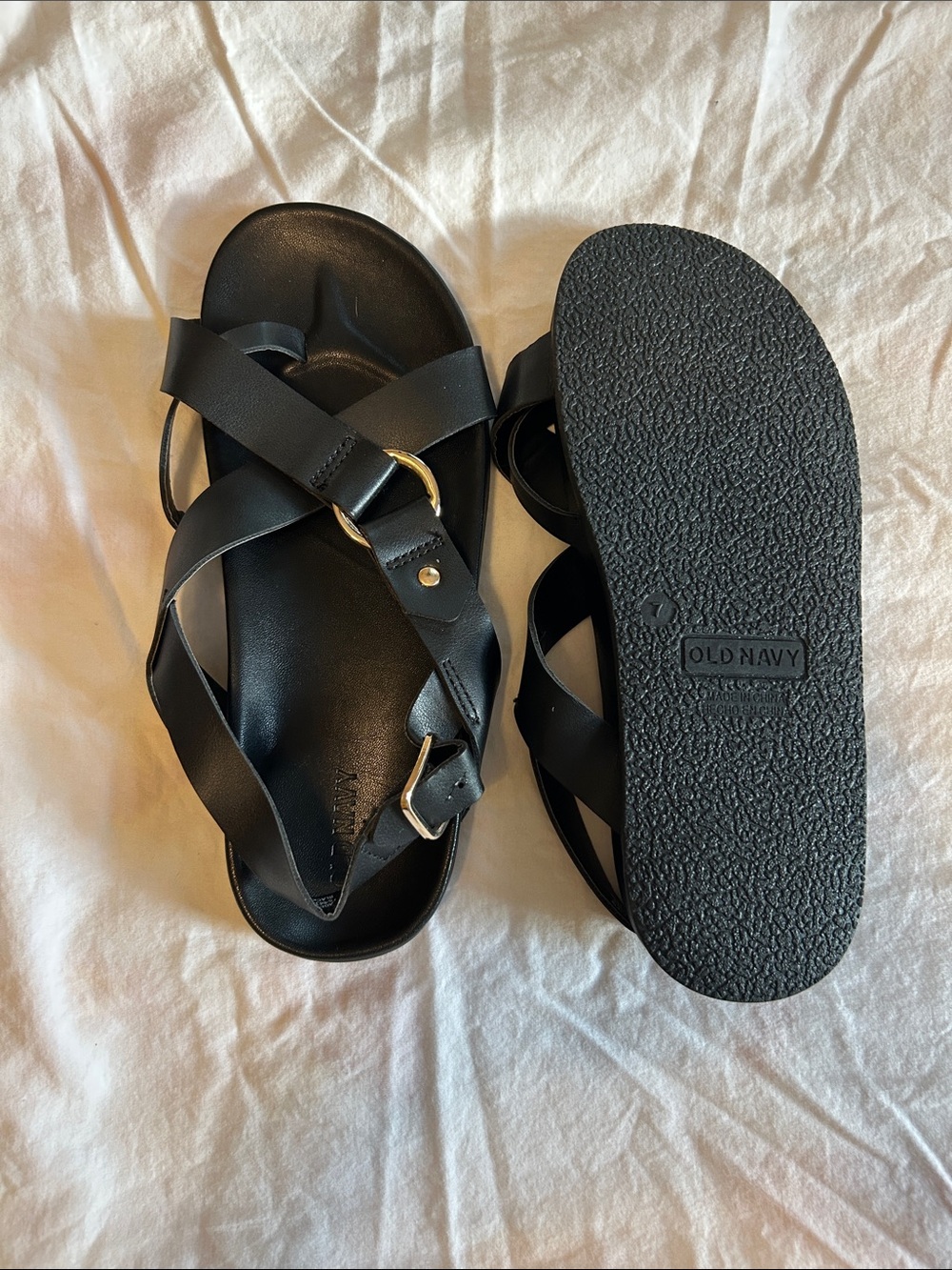 Old Navy Black Strappy Sandals with Gold Buckles
